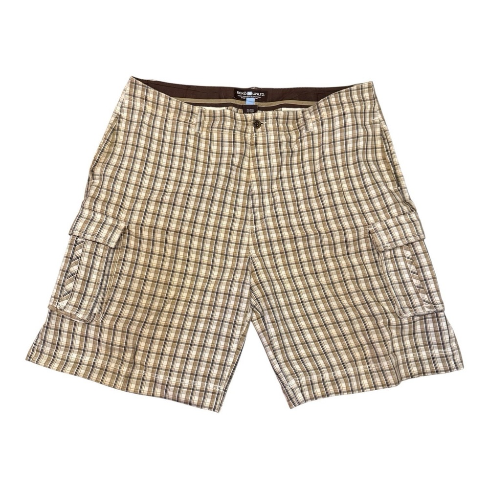 Ecko Unltd Cargo Shorts Mens 40 Tan Brown Plaid Y2K Streetwear Cotton Relaxed